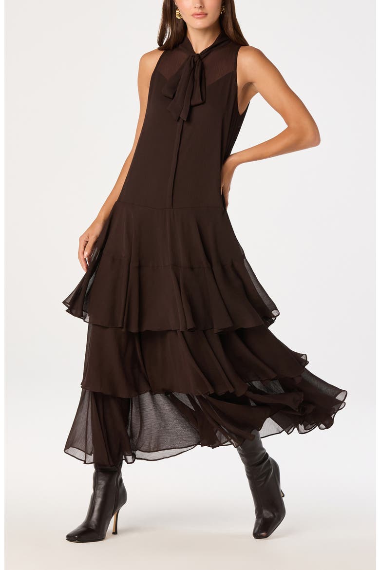 Katheryn Tie Neck Tiered Midi Dress, Alternate, color, ESPRESSO