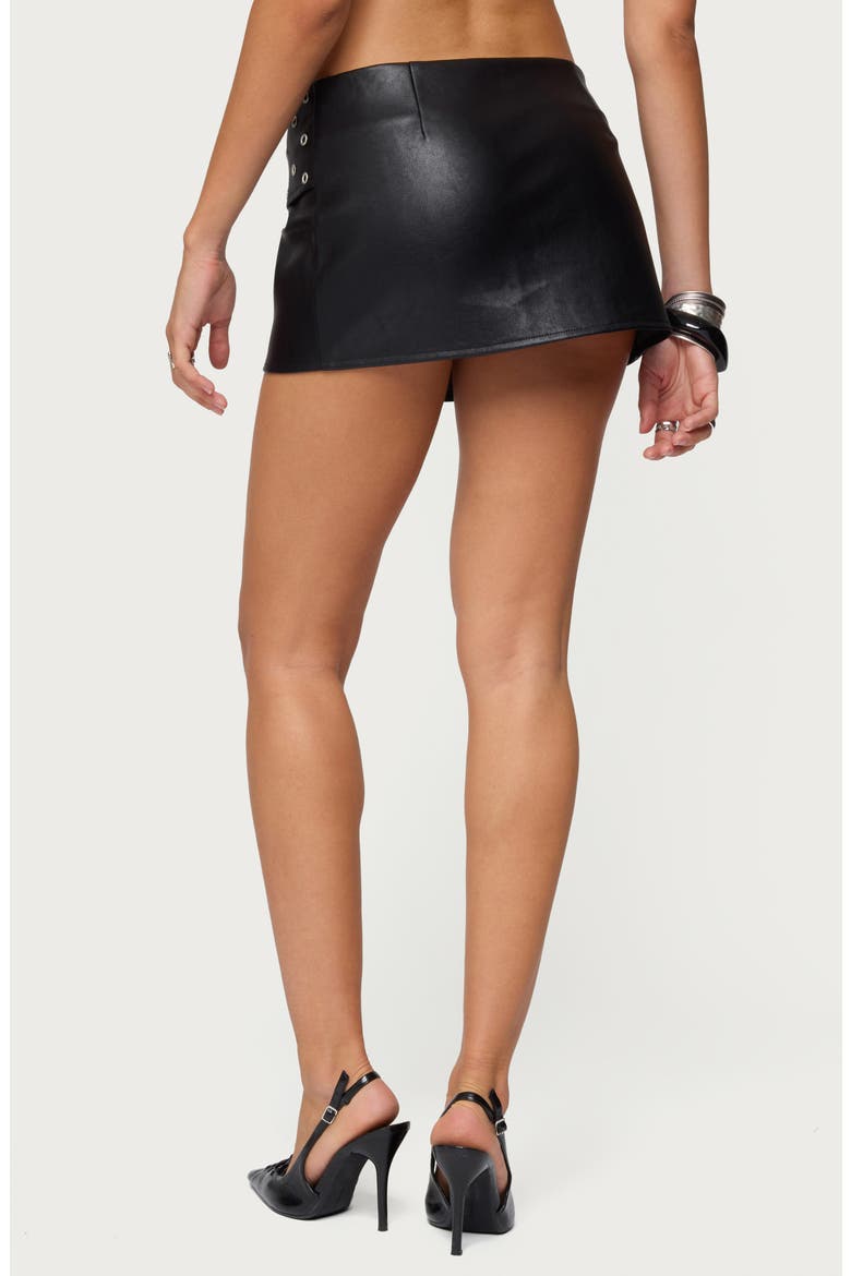 Crossover Grommet Faux Leather Miniskirt, Alternate, color, BLACK