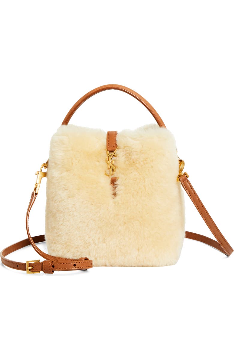 Saint Laurent Mini Le 37 Genuine Shearling Bucket Bag, Main, color, Cream Beige/ Brick
