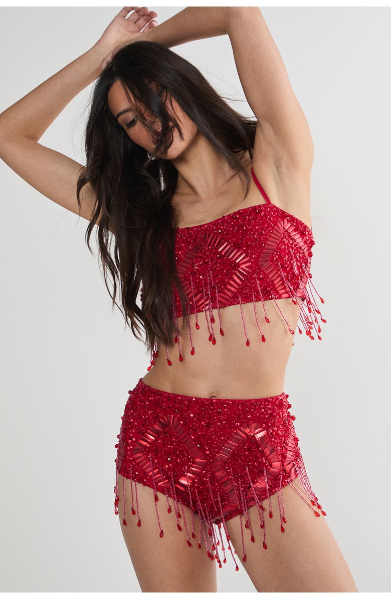 NASTY GAL Embellished Tassel Beaded Crop Top, Alternate, color, Red