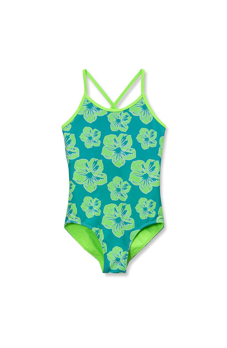 Lands' End Girls Chlorine Resistant Reversible One Piece Swimsuit, Main, color, Electric Lime Neon Floral
