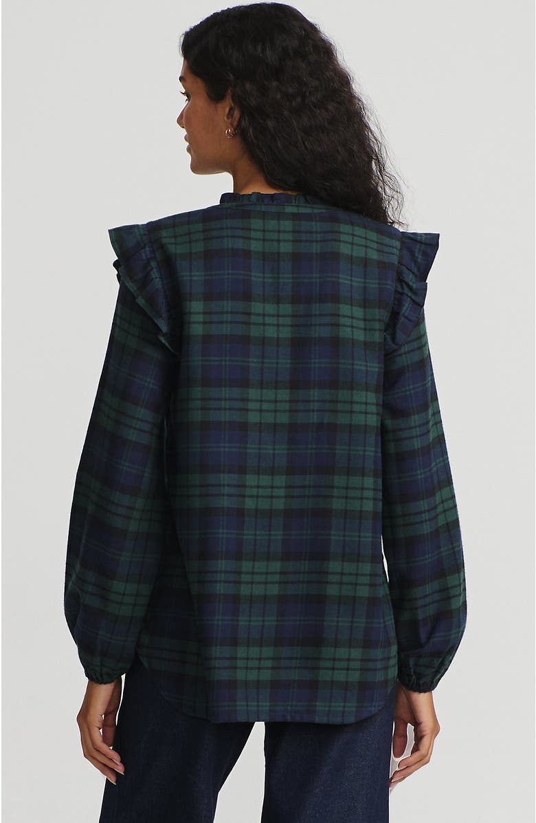 Lands' End Ruffle Front Flannel Popover Blouse, Alternate, color, Deep Forest Blackwatch Plaid