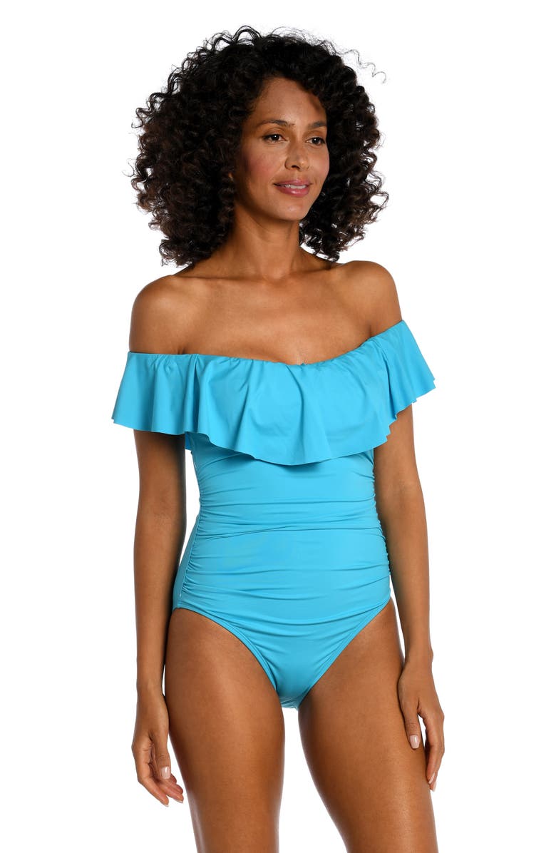 La Blanca Off the Shoulder Ruffle One-Piece Swimsuit, Alternate, color, Azul