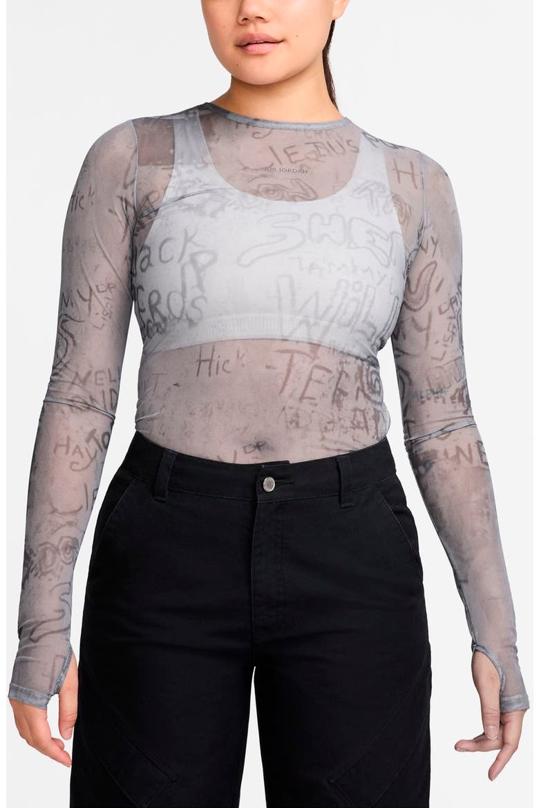 Print Sheer Long Sleeve Top, Main, color, DARK SMOKE GREY