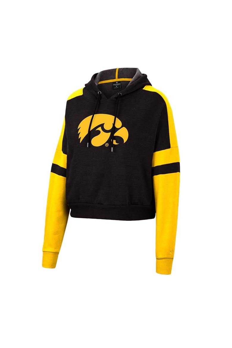 Women's Colosseum Black Iowa Hawkeyes Throwback Stripe Arch Logo Cropped Pullover Hoodie, Alternate, color, Black