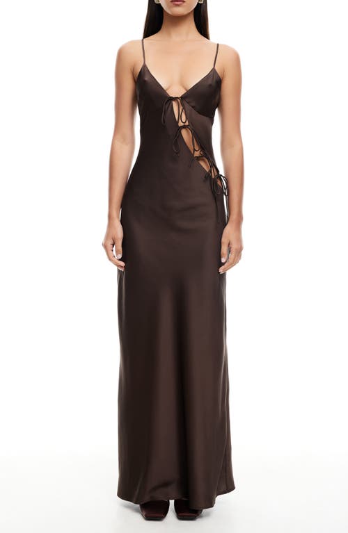 LIONESS About A Girl Cutotut Tie Detail Satin Slipdress in Chocolate 