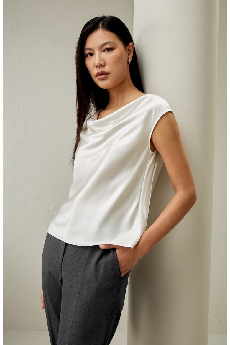 Women's Silk Charmeuse Cowl Neck Top, Alternate, color, Ivory