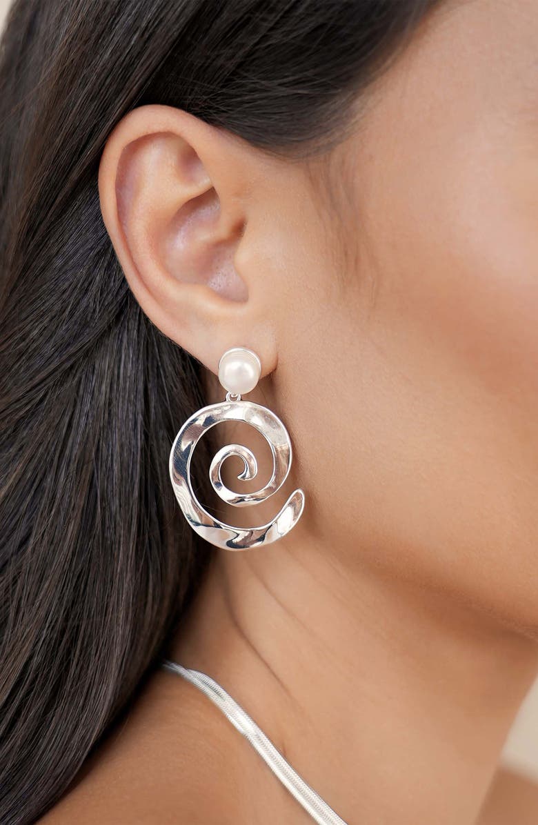 Ettika Aura Swirl Freshwater Pearl Drop Earrings, Alternate, color, Silver