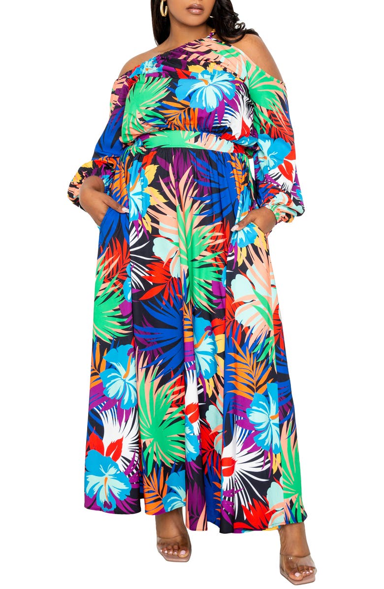BUXOM COUTURE Tropical Cutout Long Sleeve Maxi Dress, Main, color,