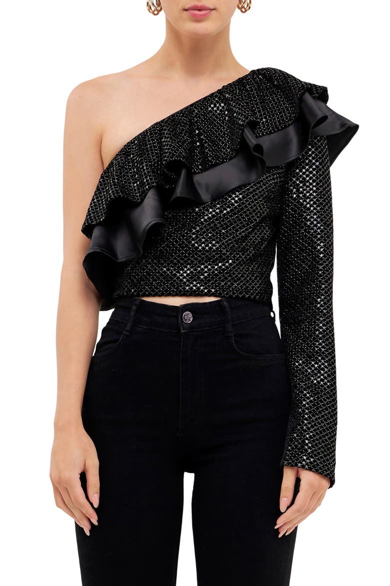One-Shoulder Sequin & Velvet Top, Main, color, BLACK