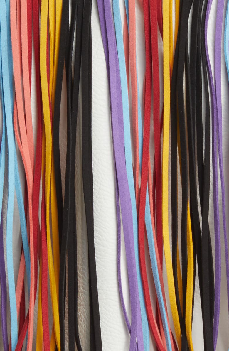 AZALEA WANG Rainbow Fringe Stud Detail Faux Leather Moto Jacket, Alternate, color, White Multi