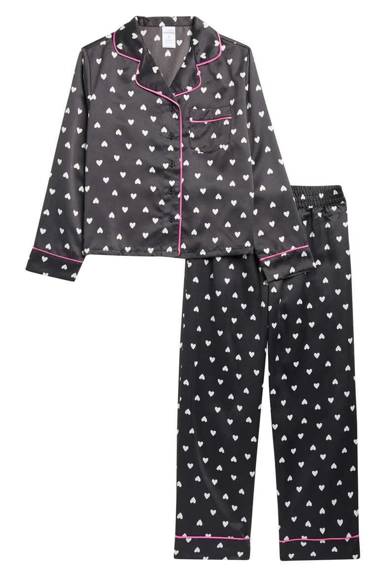 Kids' Satin Pajamas, Main, color, BLACK- WHITE HEARTS