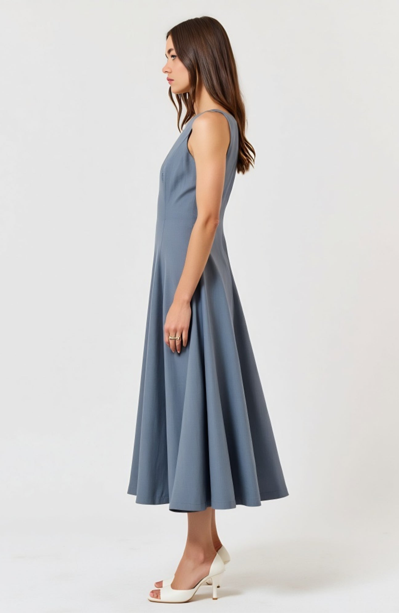 Modenaire Wide Strap Square Neck Midi Dress with Fit and Flare Silhouette, Alternate, color, Blue-Gray