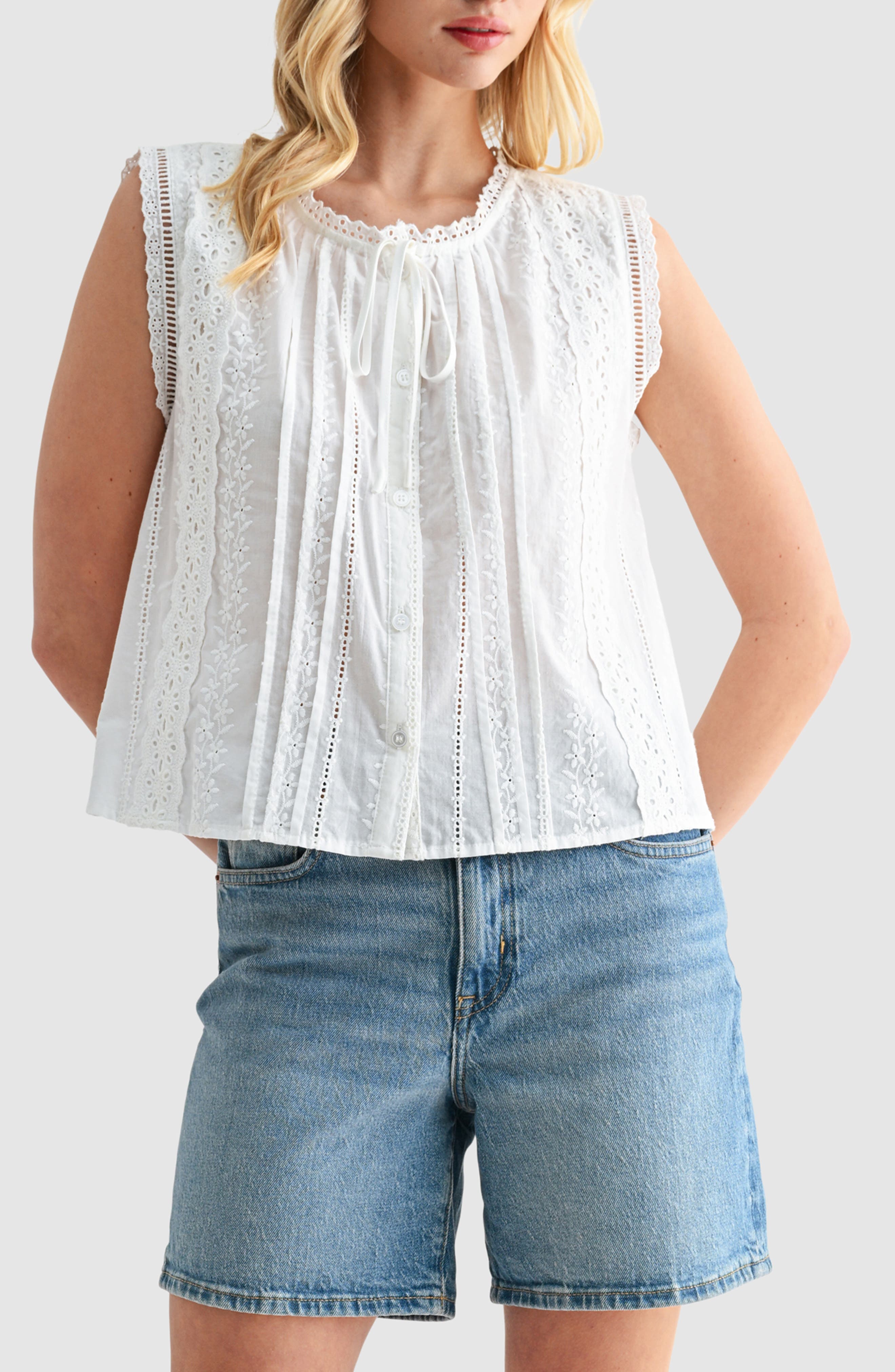 Lush Embroidered Sleeveless Cotton Button-Up Top