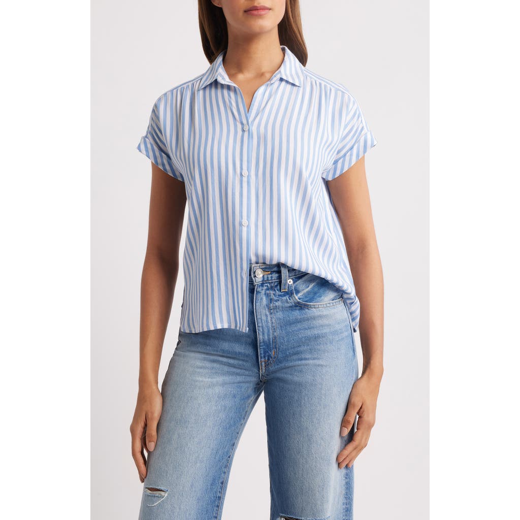 Beachlunchlounge Daria Stripe Short Sleeve Button-up Shirt In Blue Poppy