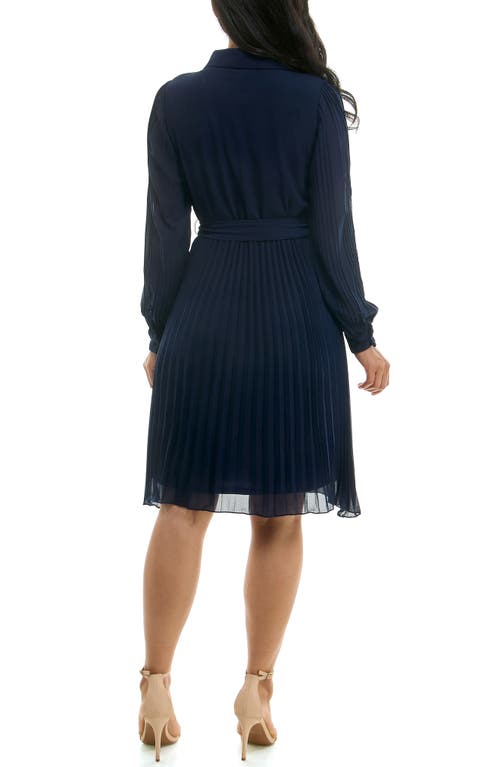 Nina Leonard Long Sleeve Pleated Shirtdress In Navy