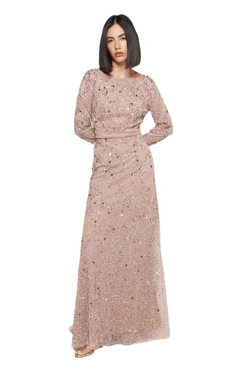 Occasion Modest Embellished Sequin Beaded High Neck Evening Dress