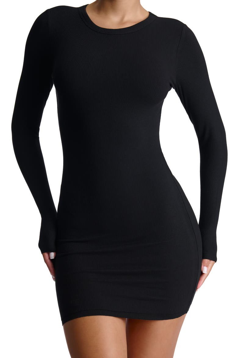 Micro Rib Long Sleeve Body-Con Minidress, Alternate, color, BLACK