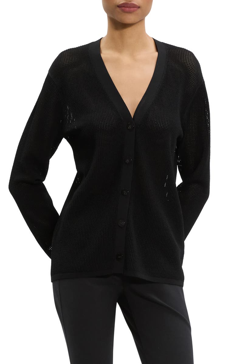 Theory Pointelle V-Neck Cardigan, Main, color, Black