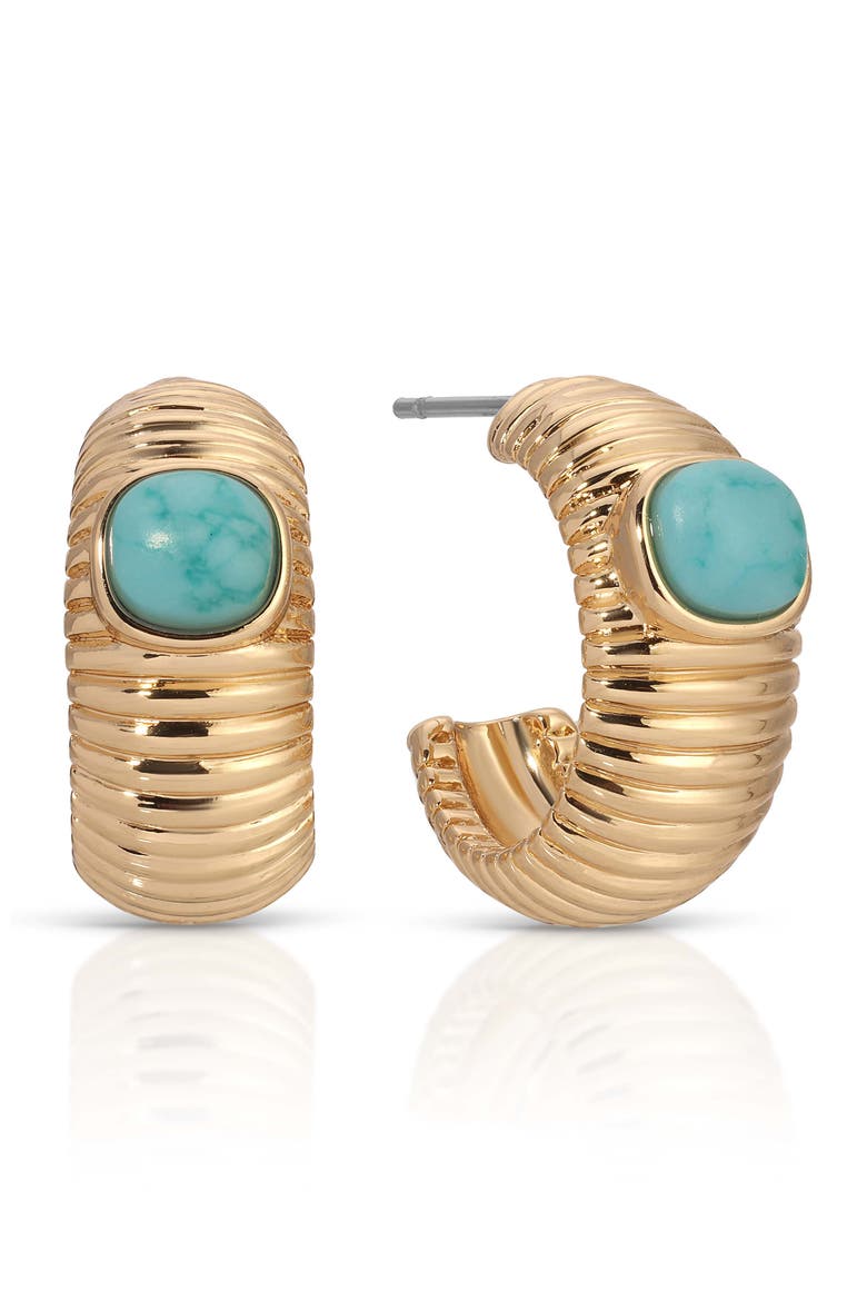 Semiprecious Stone Hoop Earrings, Main, color, TURQUOISE/ GOLD