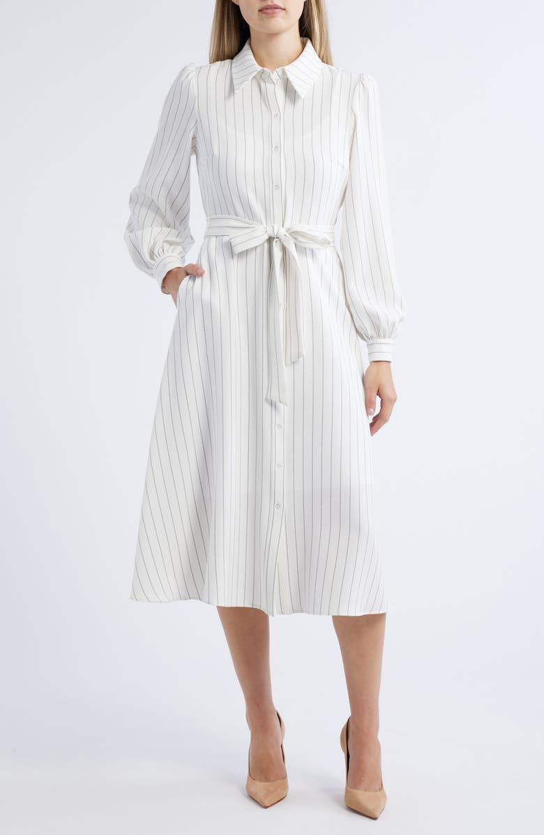 Julia Jordan Pinstripe Long Sleeve Midi Shirtdress, Main, color, Ivory