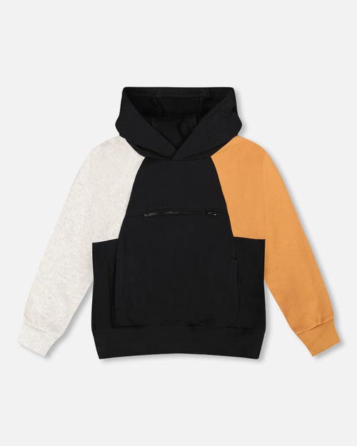 Deux Par Deux Kids'  Pullover Hooded Fleece Sweatshirt With Zip Pocket In Black