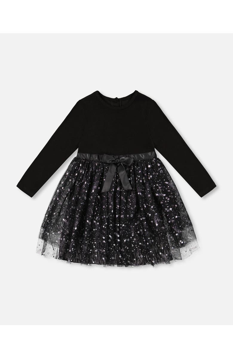 Deux par Deux Baby Girl's Bi-Material Dress With Glittering Tulle Skirt Black, Main, color, 