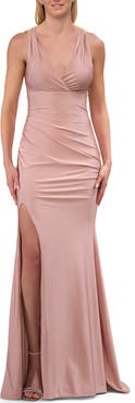 La Femme Sleek Prom Dress with Deep V-Neckline and Tie Back