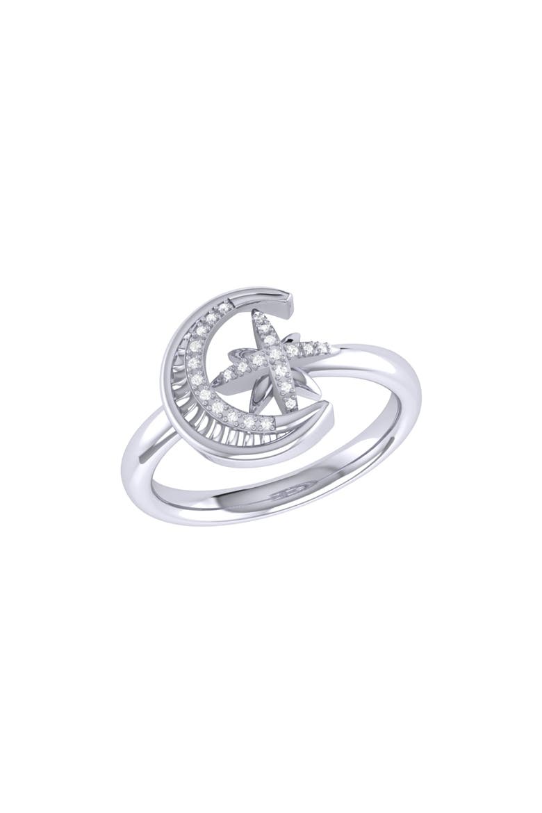 Moon Cradled Star Sterling Silver Diamond Ring, Main, color, Silver