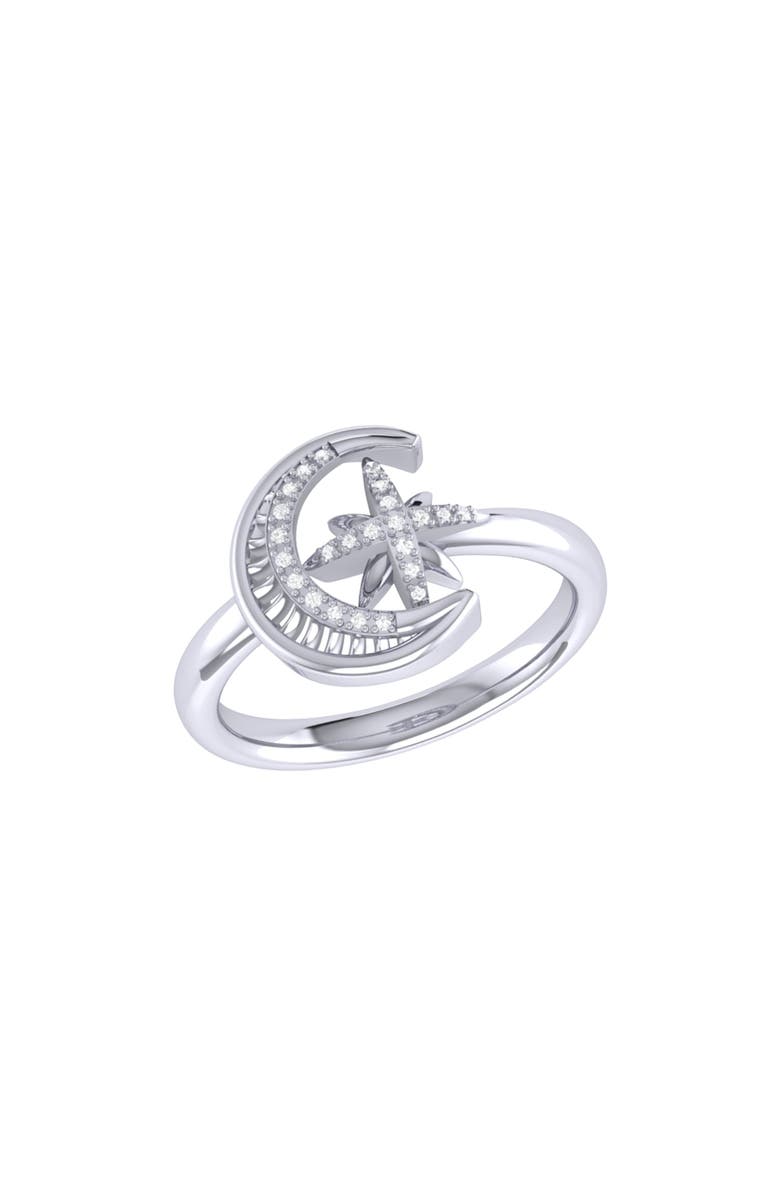 LuvMyJewelry Moon Cradled Star Sterling Silver Diamond Ring, Main, color, 