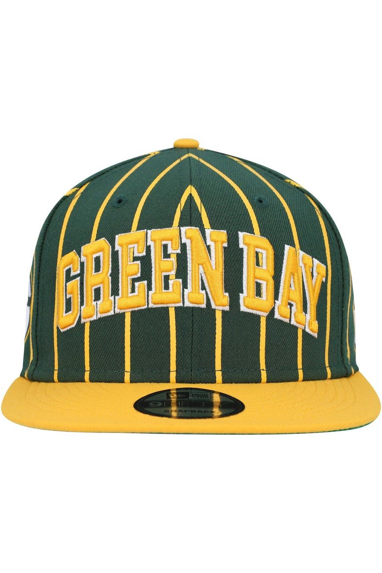 Men's New Era Green/Gold Green Bay Packers Pinstripe City Arch 9FIFTY Snapback Hat, Alternate, color, Green