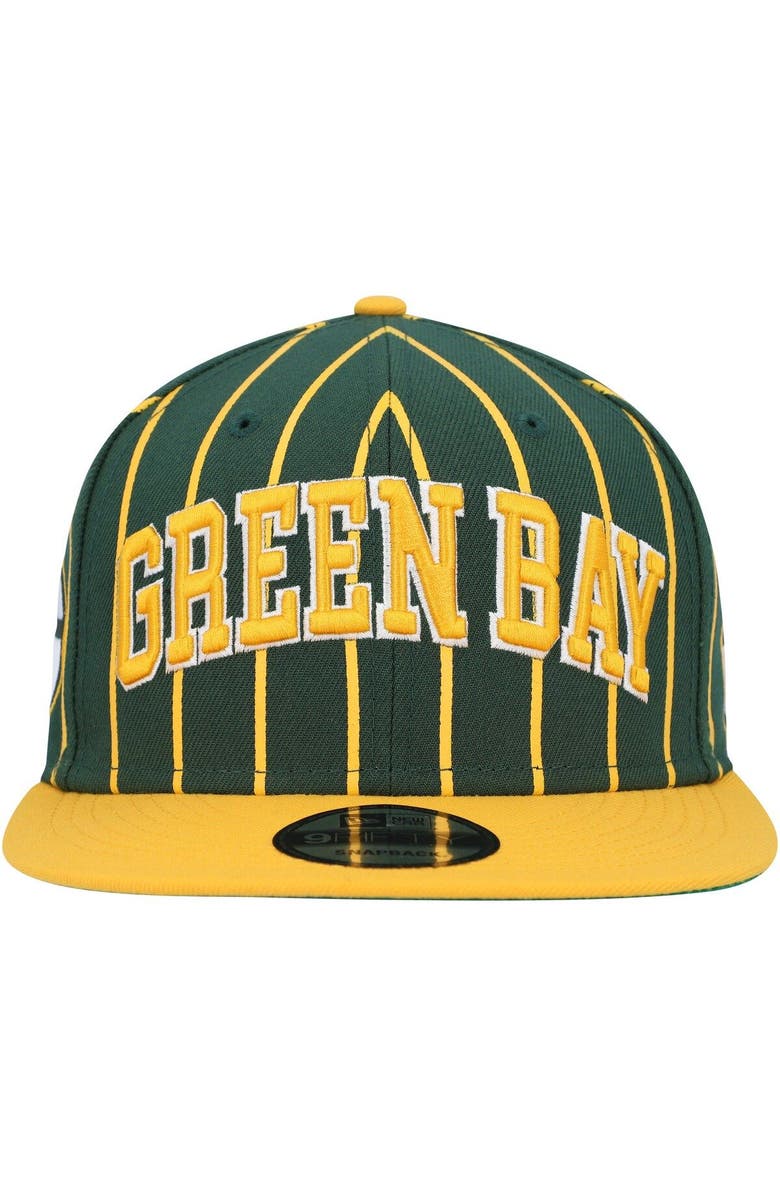 New Era Men's New Era Green/Gold Green Bay Packers Pinstripe City Arch 9FIFTY Snapback Hat, Alternate, color,