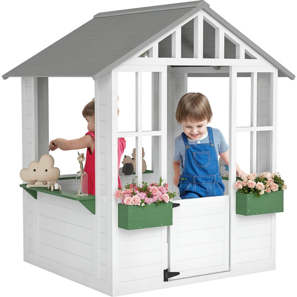 Outsunny Kids Wooden Playhouse with Flower Pot Holder, Working Door, Windows, Outdoor Use in White  product