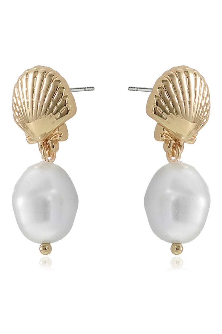 Shell Faux Pearl Drop Earrings, Alternate, color, GOLD