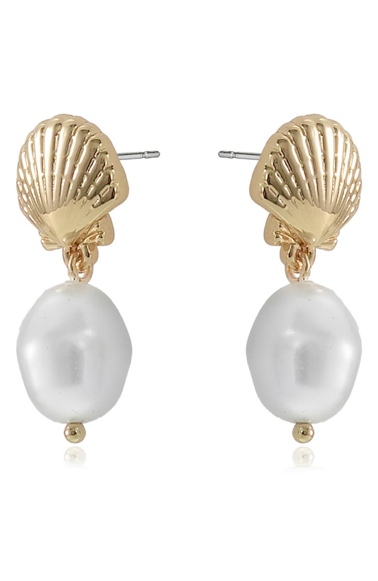 Ettika Shell Faux Pearl Drop Earrings, Alternate, color, Gold