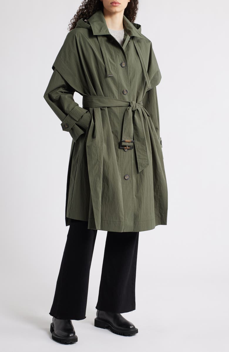 Bernardo Longline Belted Raincoat, Main, color, Olive