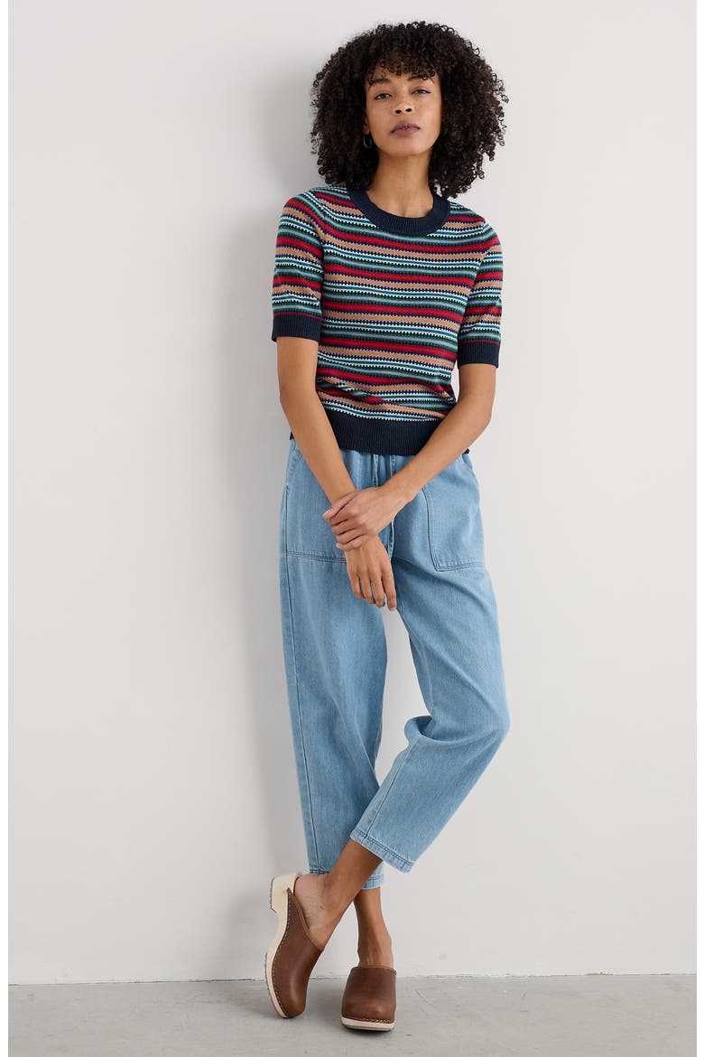 Rock Bell Stripe Short Sleeve Organic Cotton Crewneck Sweater, Alternate, color, KNIT ZIG ZAG CLOVER MARITIME