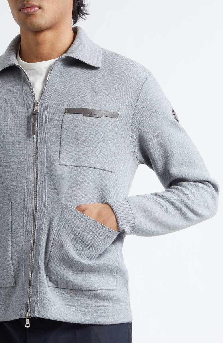Moncler Wool Milano Stitch Zip Cardigan, Alternate, color, Pale Gray Melange