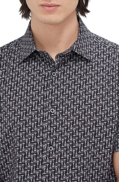 Bugatchi Miles Ooohcotton® Champagne Flute Print Short Sleeve Button-up Shirt In Black