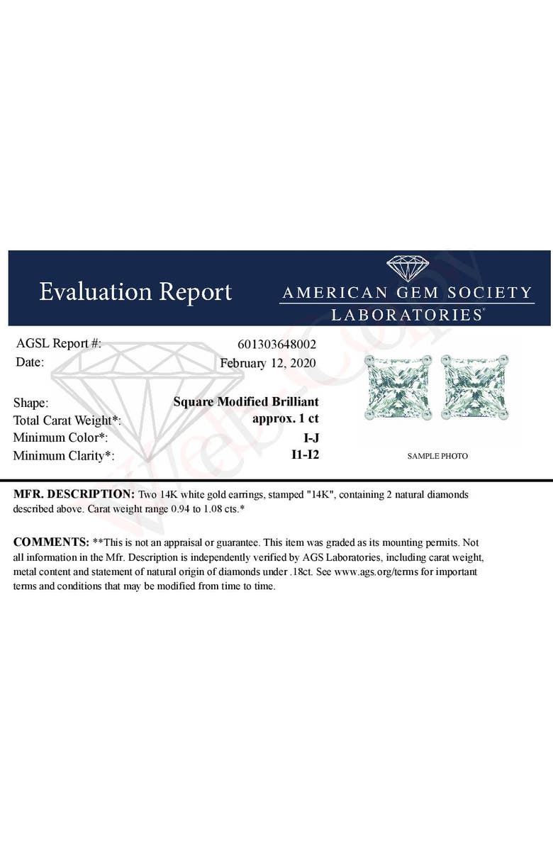Haus of Brilliance Certified 14K Gold 1.0 Ct Square Diamond Solitaire Stud Earrings, Alternate, color, White