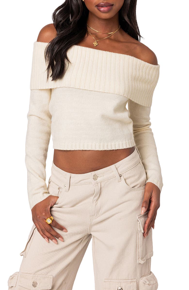 EDIKTED Tamara Foldover Off the Shoulder Sweater, Main, color, Cream