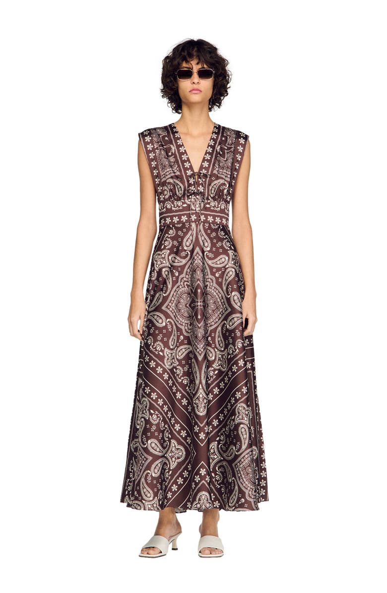 SANDRO Bandana-print maxi dress, Alternate, color, Taupe / White