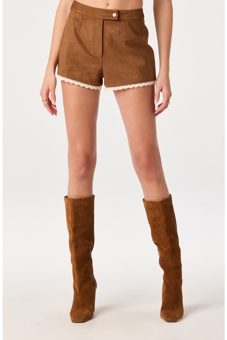Kya Lace Trim Faux Suede Shorts, Main, color, CHESTNUT