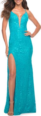 La Femme Bright Stretch Lace Prom Dress with Deep V Neckline