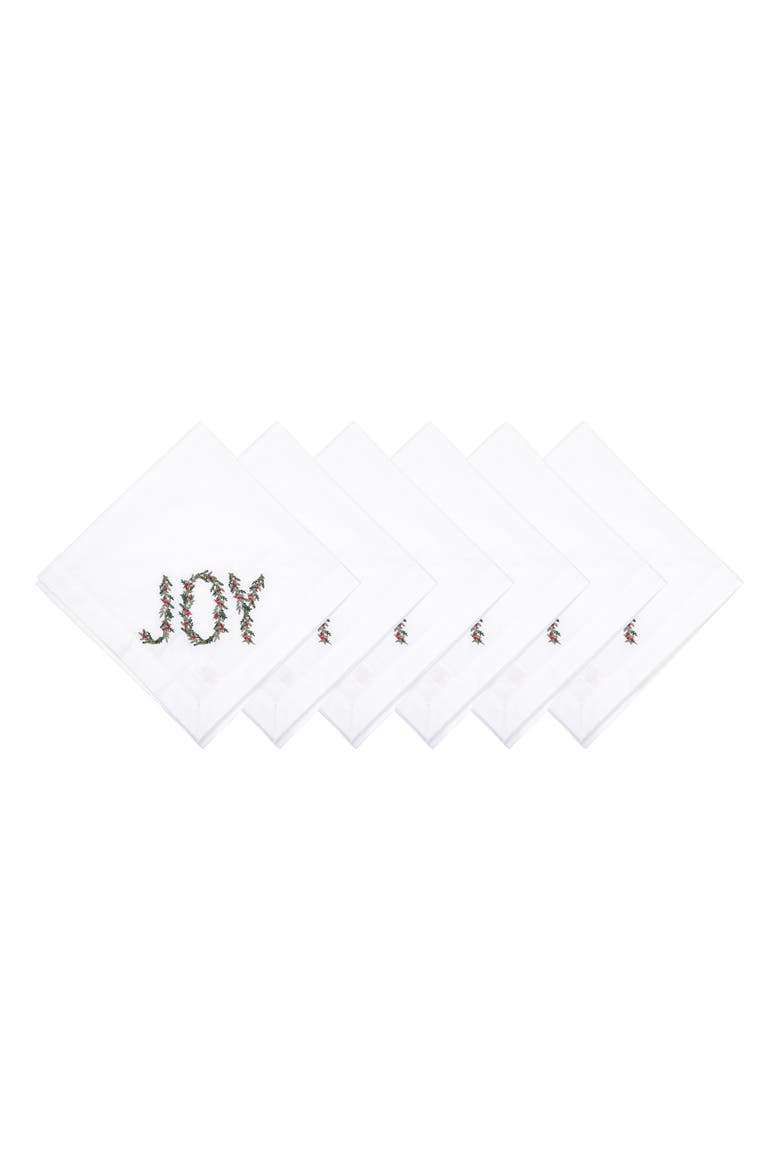 Joy Merry Mistletoe Embroidered Hemstitch Set of 6 Cloth Napkins, Main, color, Green