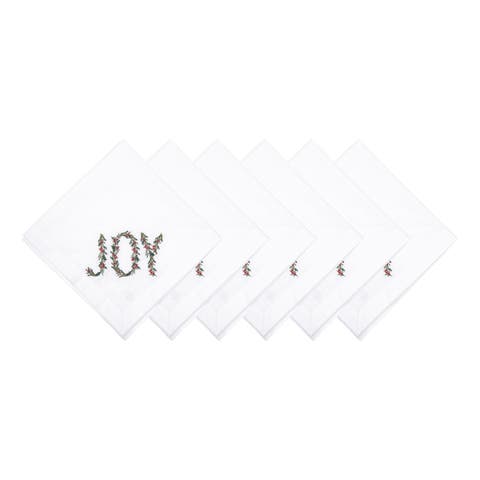 Joy Merry Mistletoe Embroidered Hemstitch Set of 6 Cloth Napkins
