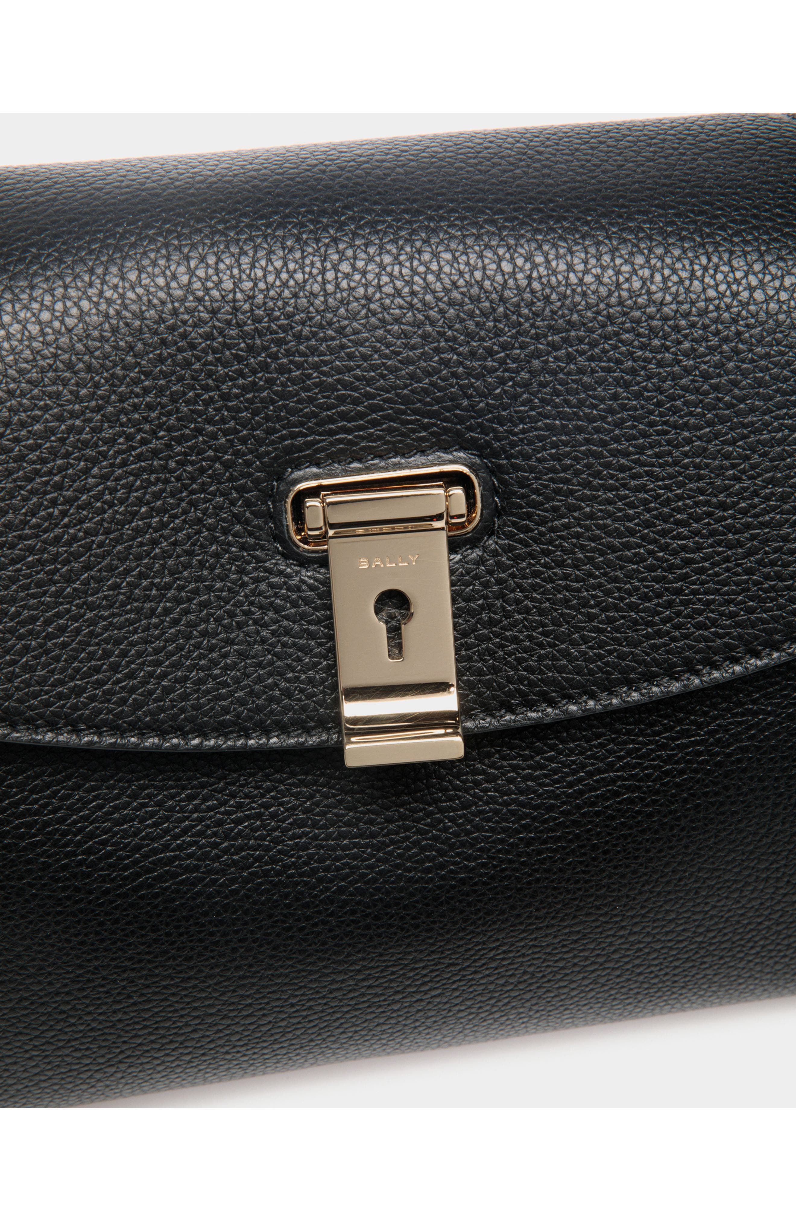 Bally Lock Me Small Top Handle Bag In Grained Leather, Alternate, color, Black