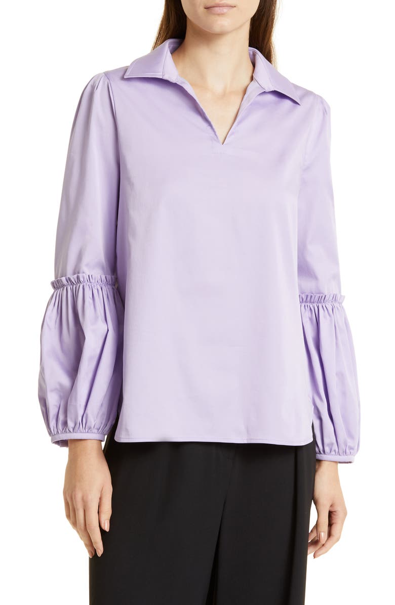 Misook Gathered Puff Cuff Cotton Blend Blouse, Main, color, 