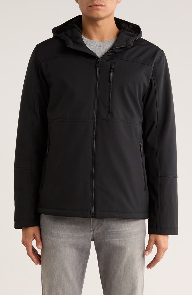 HAWKE & CO Waterproof Faux Shearling Lined Softshell Down Jacket, Main, color, Black