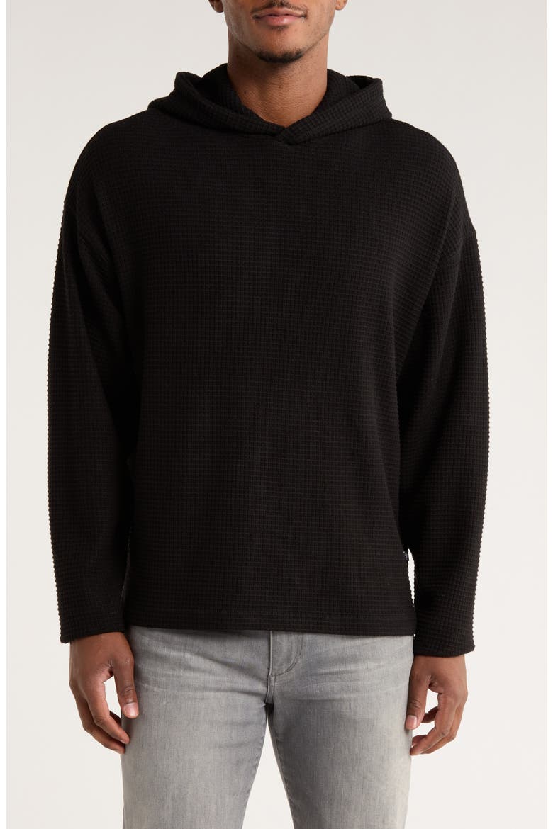 Waffle Knit Drop Shoulder Hoodie, Main, color, BLACK